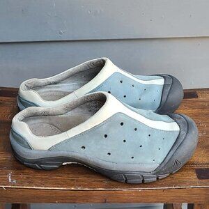 Keen Blue White Black Leather Suede Clogs Size 8